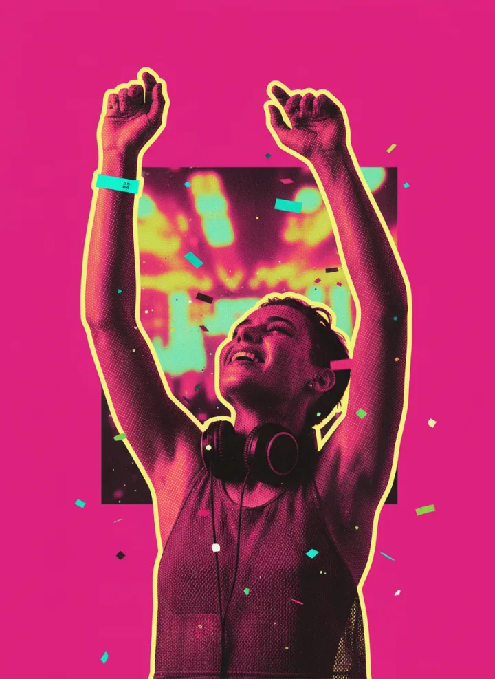 Besucher – jubelnder Festival-Raver mit erhobenen Armen