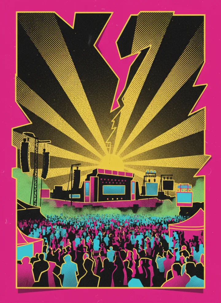 House-Mainstage – riesige Open-Air-Mainstage im Übergang von Sonnenuntergang zur Nacht mit Konfetti und CO2-Jets
