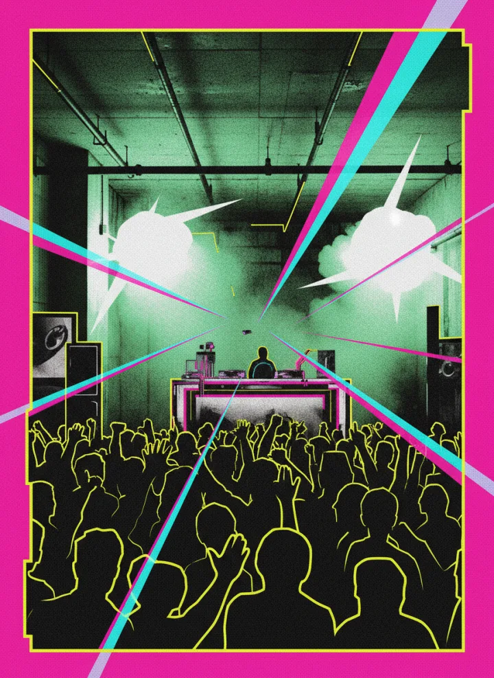 Techno-Bunker – roher Untergrund-Bunker aus Beton mit Strobo und harten Cyan-Magenta-Lasern