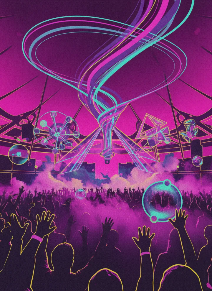 Trance-Zelt – riesiges Zelt mit violetten und cyanfarbenen Laser-Vortex über erhobenen Händen